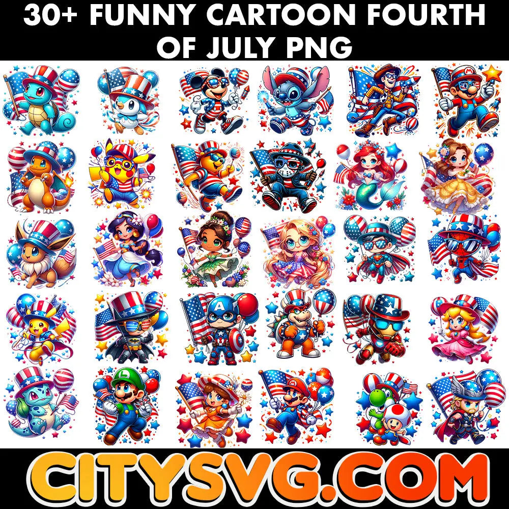 30+ Cartoon Fourth Of July PNG Bundle, Digital Download CITYSVG