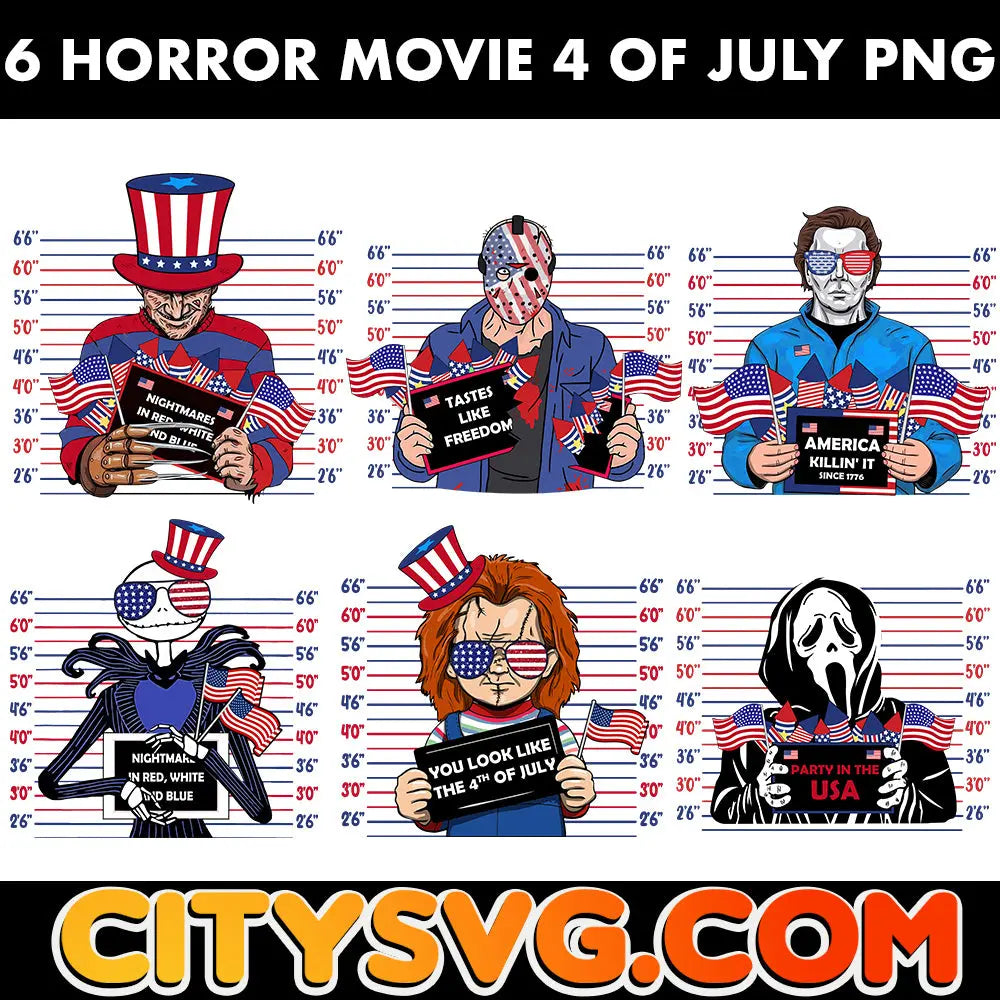 6 Horror Movie Fourth Of July Png Bundle, Digital Download CitySvg