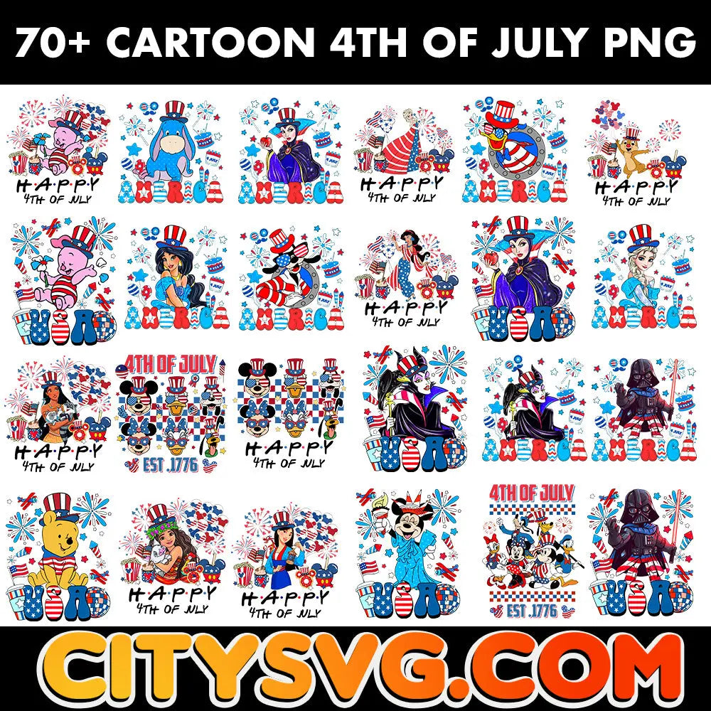 70+ Designs Cartoon 4th Of July Mega Bundle PNG, Digital Download CitySvg