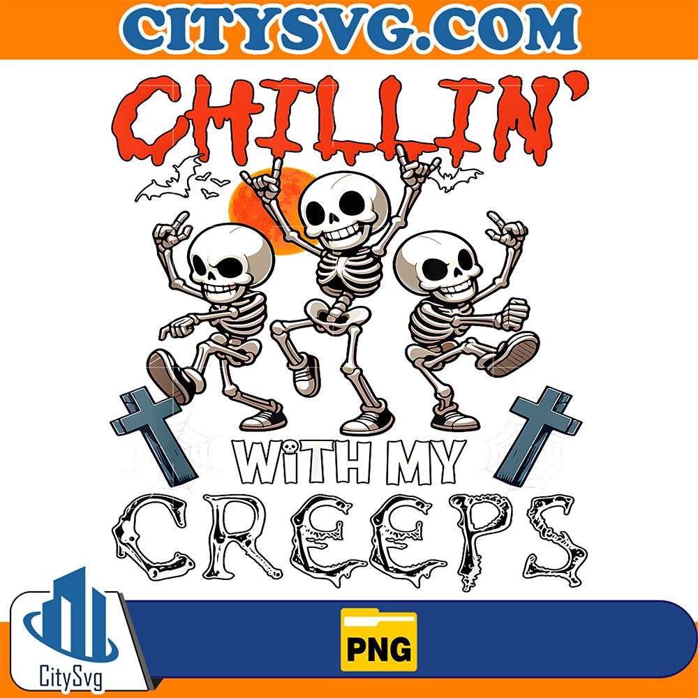Chillin-With-My-Creeps-Halloween-Three-Horror-Skeletons-Png