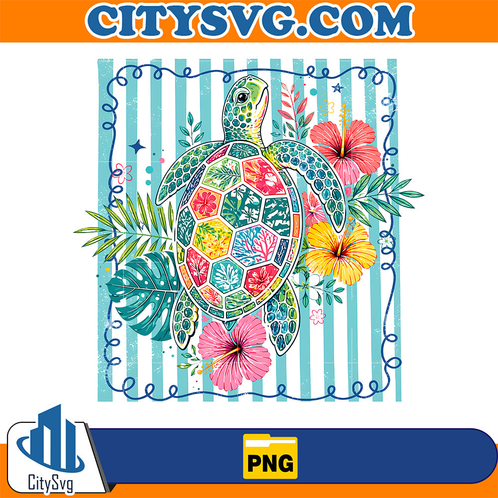 Coastal-Summer-Floral-Turtle-Png