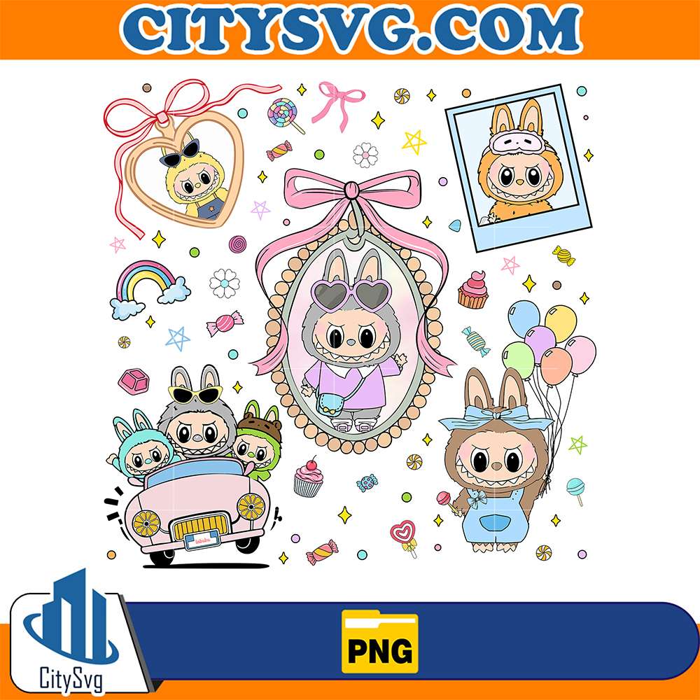 Cute-Pastel-Labubu-Collage-Candy-Balloons-Car-Bow-Frame-Png