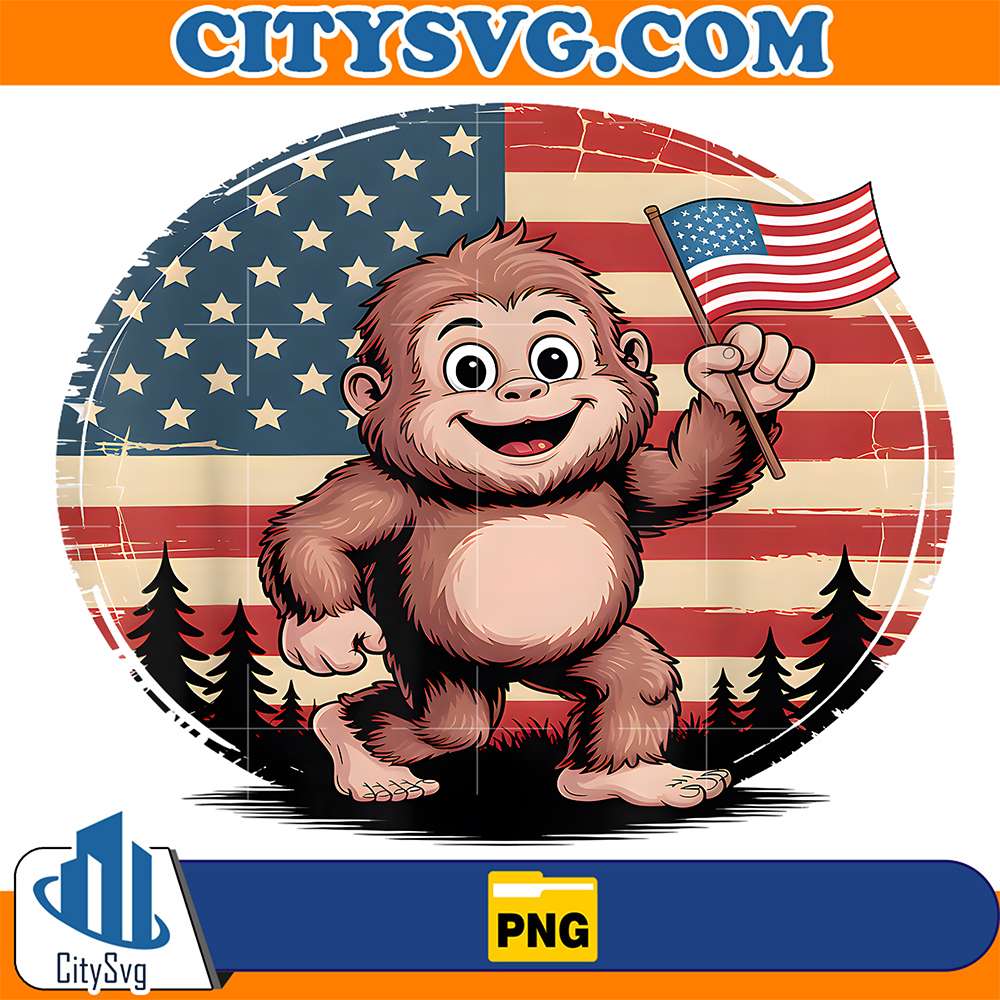 Cute-Patriotic-Baby-Bigfoot-Holding-Flag-4th-Of-July-Png