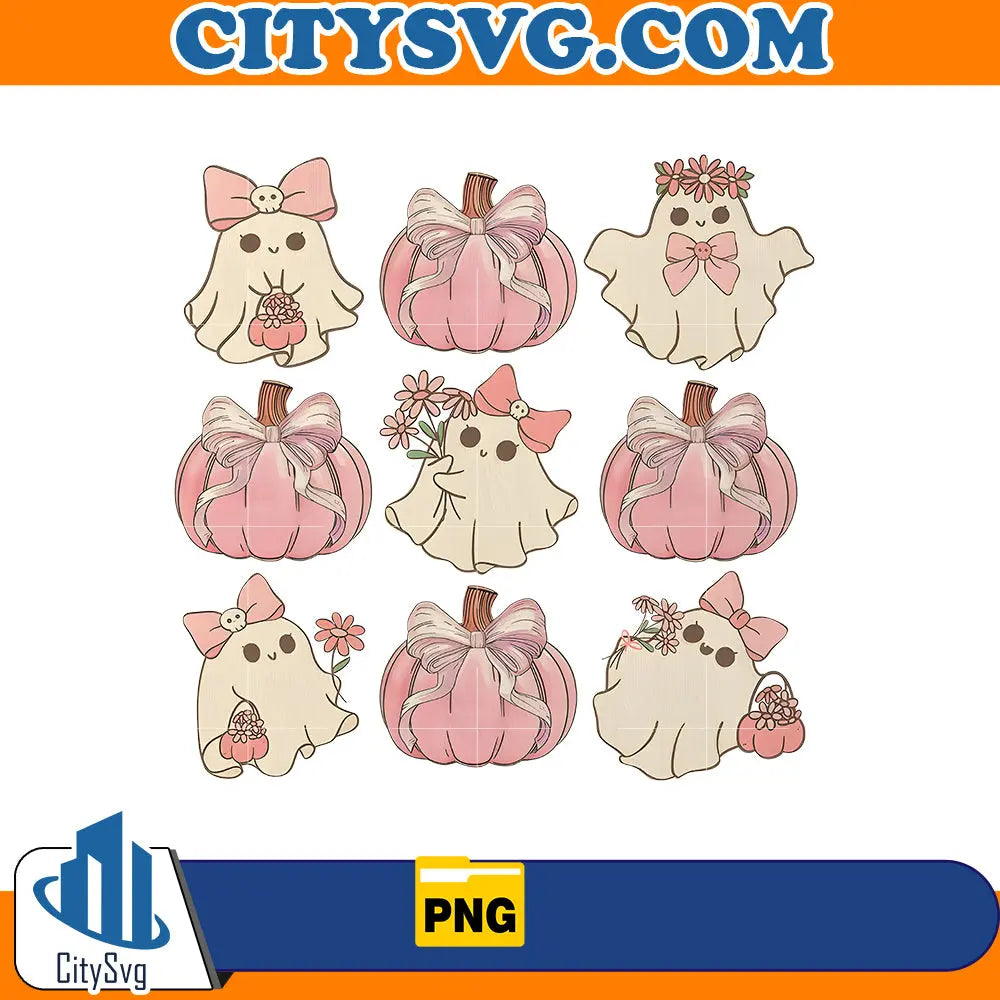 Cute Pumpkin Ghost Coquette Halloween Png CitySvg