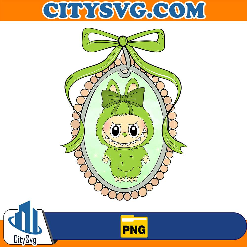 Green-Labubu-Bunny-Frame-With-Bow-Pastel-Png