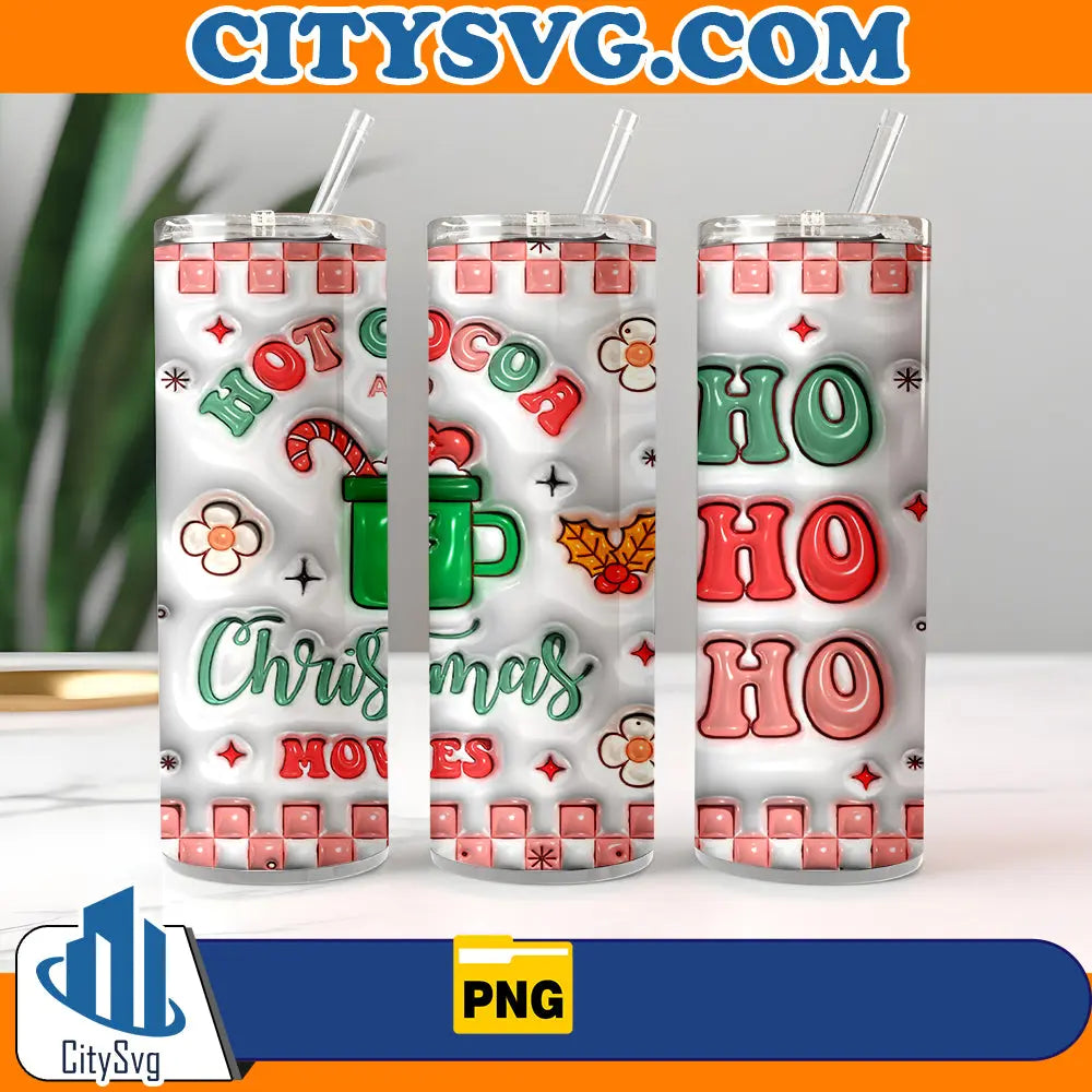 HotCocoaChristmasMoviesHoHoHo20oz3DInflatedTumblerWrapPng