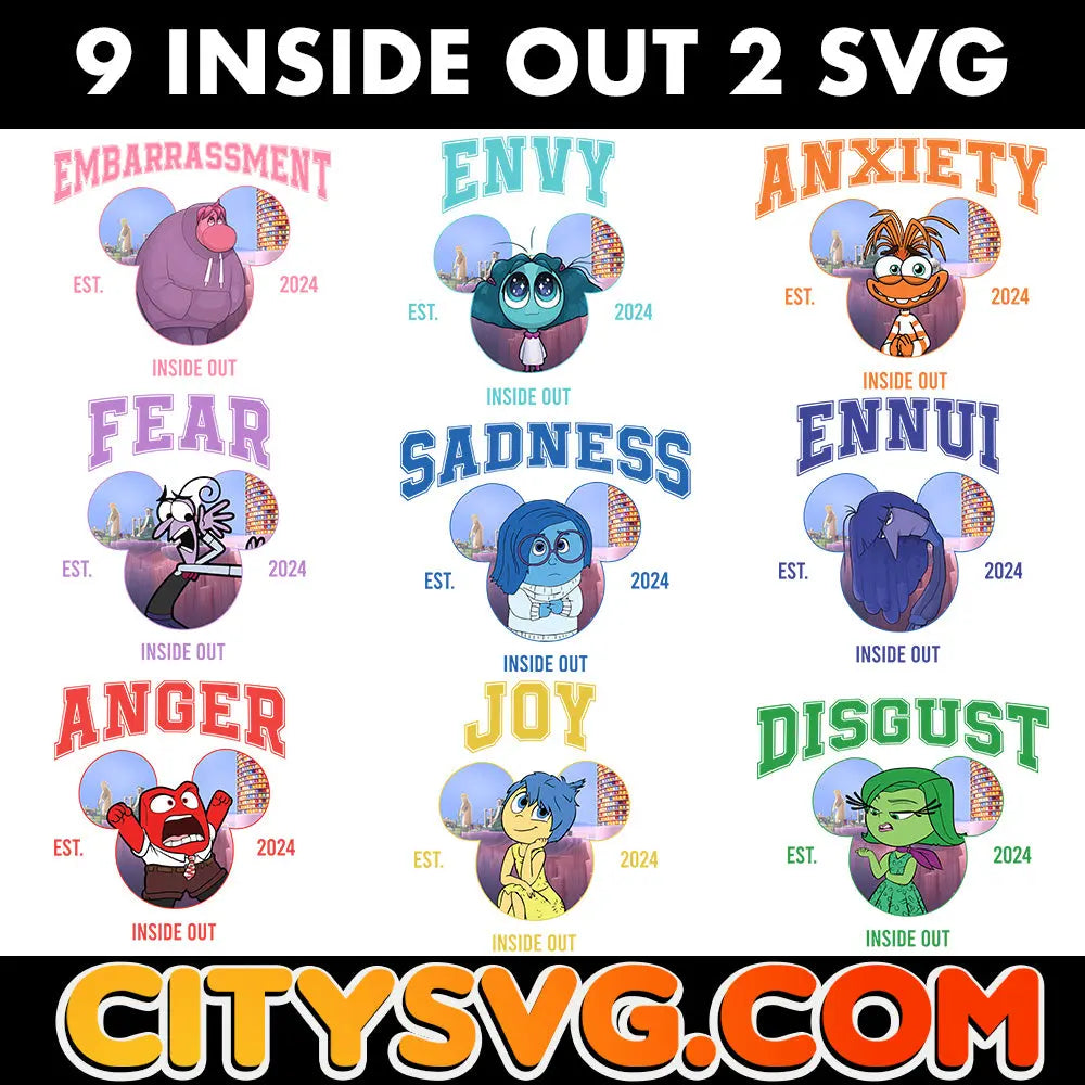 9 Inside Out 2 Bundle Svg, Inside Out Mouse Head Svg, Digital Download CitySvg