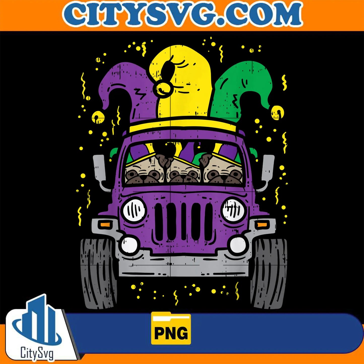 MardiGrasMonsterTruckJesterPugCarnivalDogOwnerBoysPng