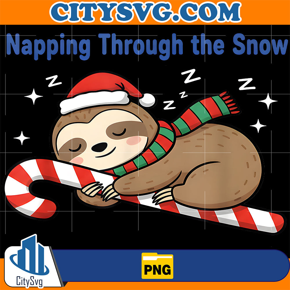 Napping-Through-The-Snow-Christmas-Sloth-Candy-Cane-Png