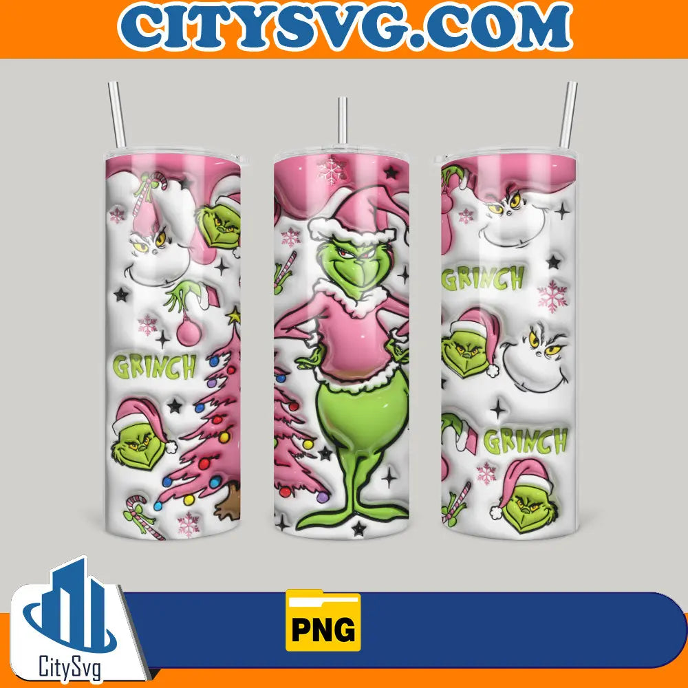 PinkGrinch3DInflatedChristmas20ozSkinnyTumblerPng