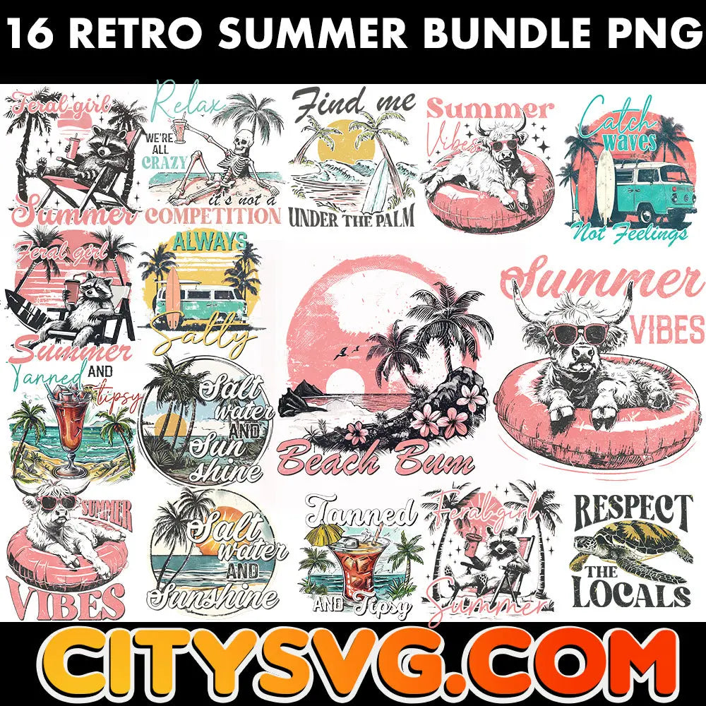 16 Retro Summer Bundle Png, Digital Download CitySvg