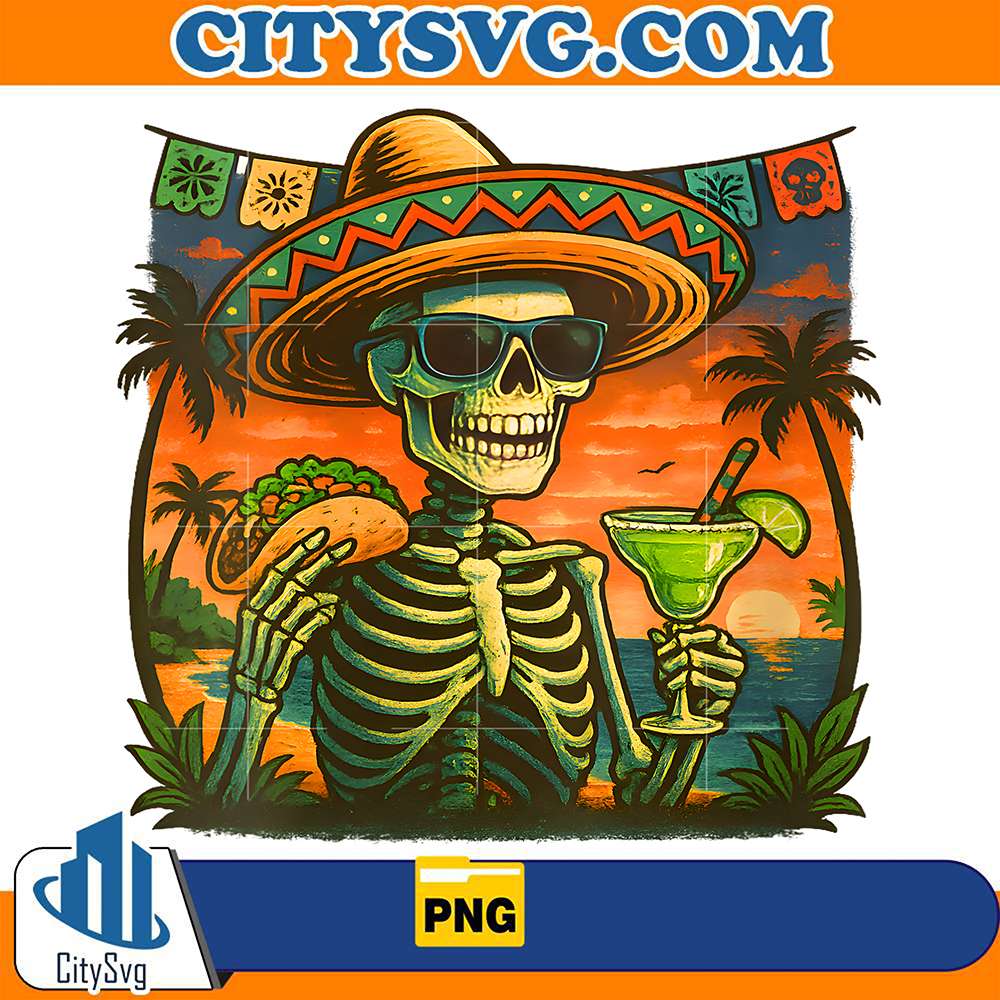 Skeleton-Fiesta-Cinco-De-Mayo-Taco-And-Margarita-Png