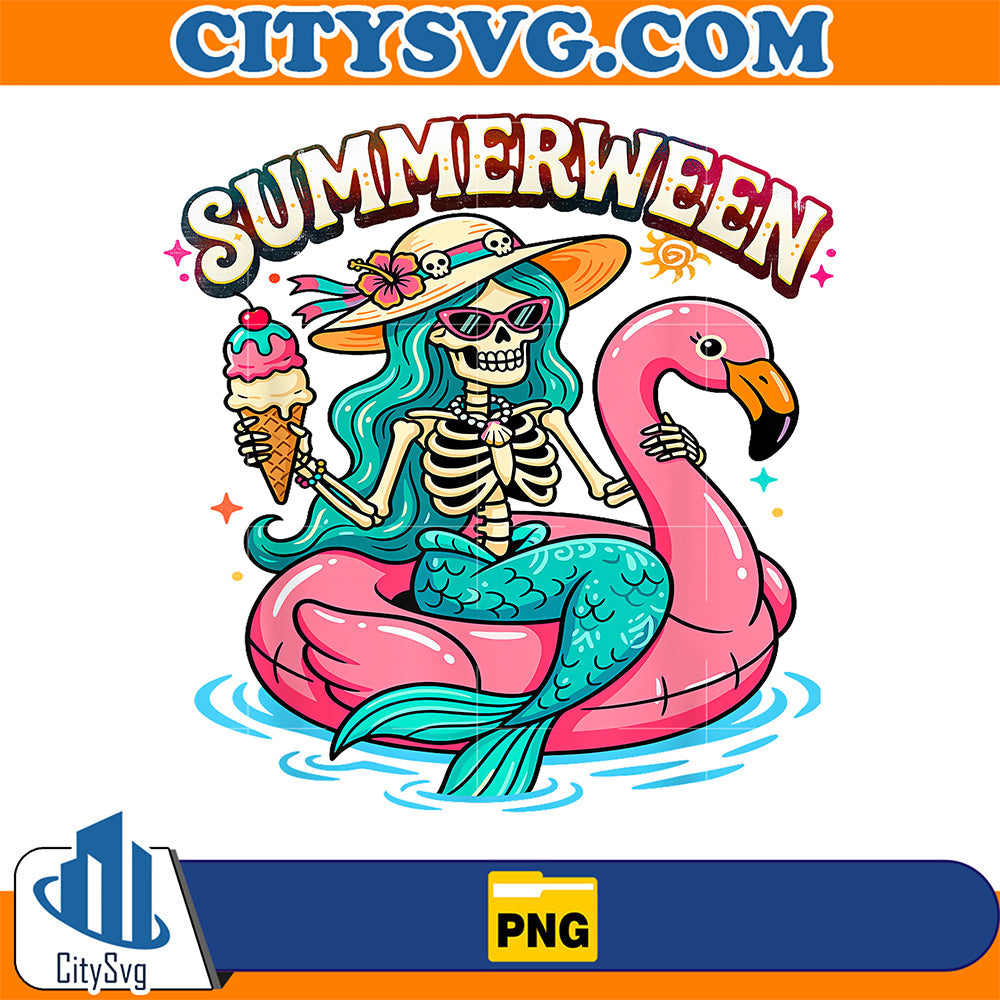 Summerween-Skeleton-Mermaid-Flamingo-Float-Summer-Halloween-Png