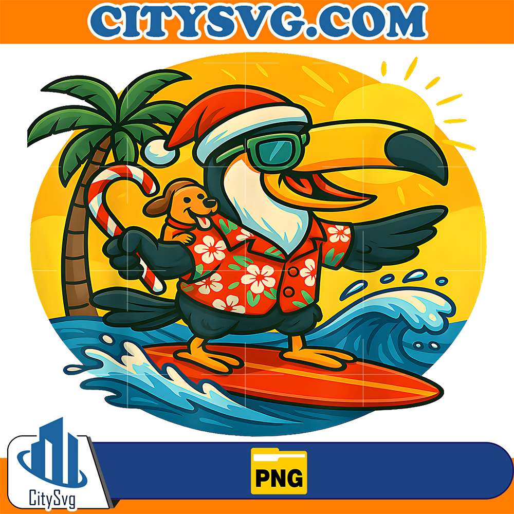 Surfing-Santa-Toucan-And-Dog-Tropical-Christmas-Png