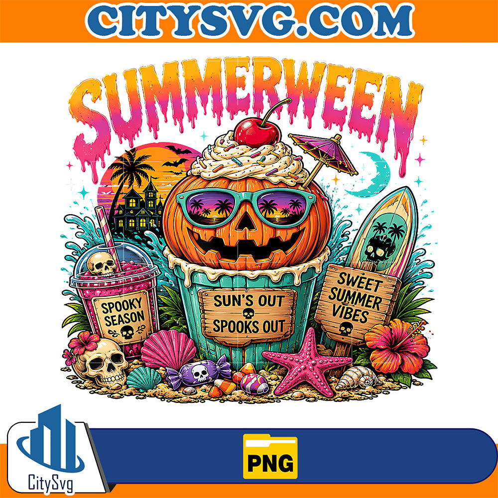 Tropical-Summerween-Goth-Teen-Beach-Party-Retro-Pumpkin-Png
