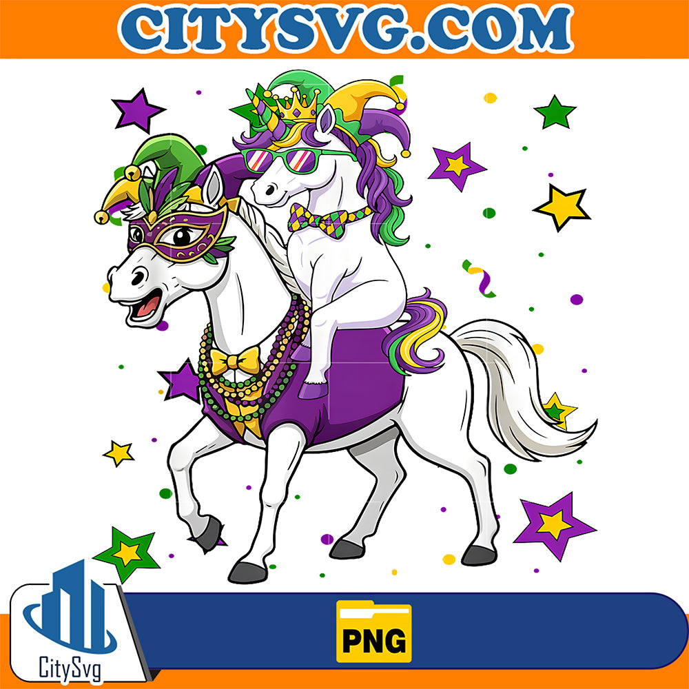 Unicorn-Riding-Horse-Mardi-Gras-Beads-Masked-Jester-Hat-Png