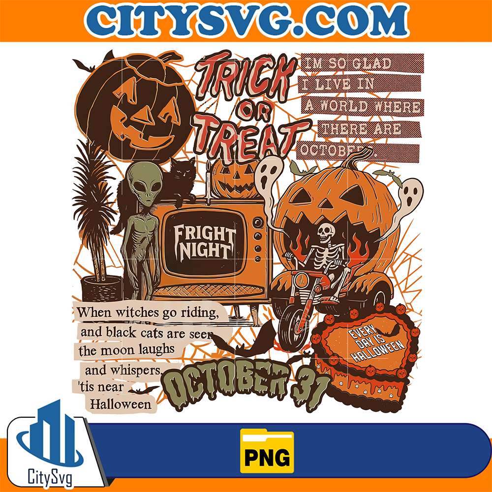 Vintage-Halloween-Trick-Or-Treat-Retro-October-31-Spooky-Alien-Skeleton-Pumpkin-Digital-Design-Sublimation-Png