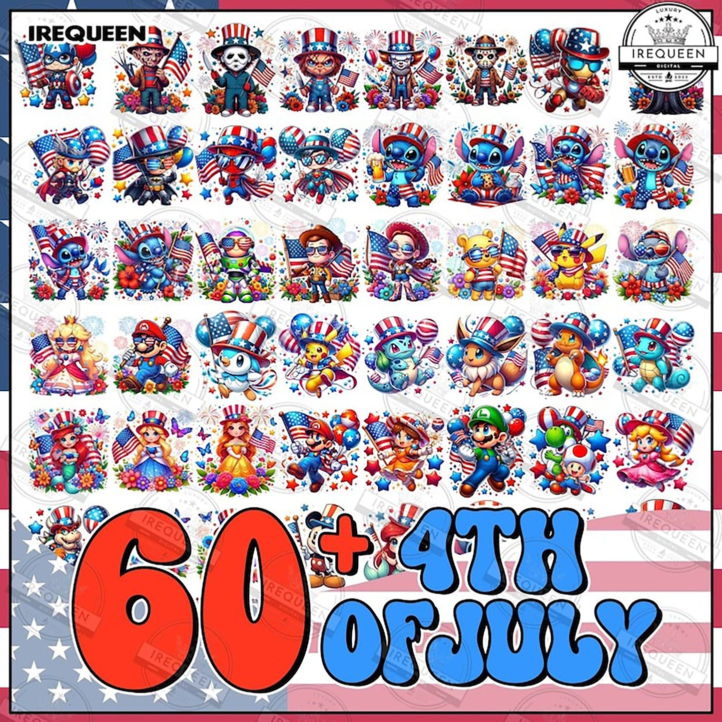 60+ Cartoon Fourth Of July PNG Bundle, Digital Download