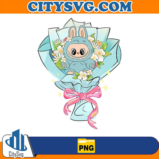 Blue-Coquette-Labubu-Flower-Bouquet-Png