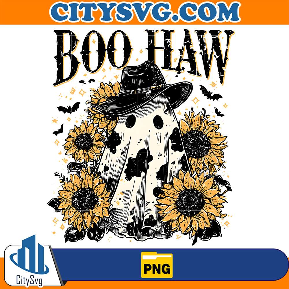 Boo-Haw-Png-Cowboy-Ghost-Western-Halloween-Sublimation-Retro-Fall-Sunflower-Png