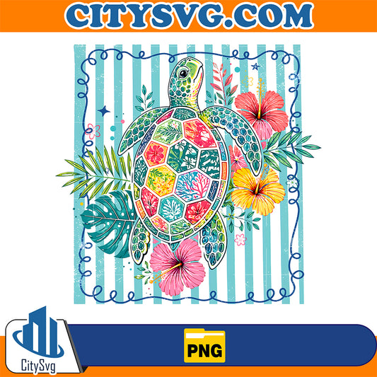 Coastal-Summer-Floral-Turtle-Png