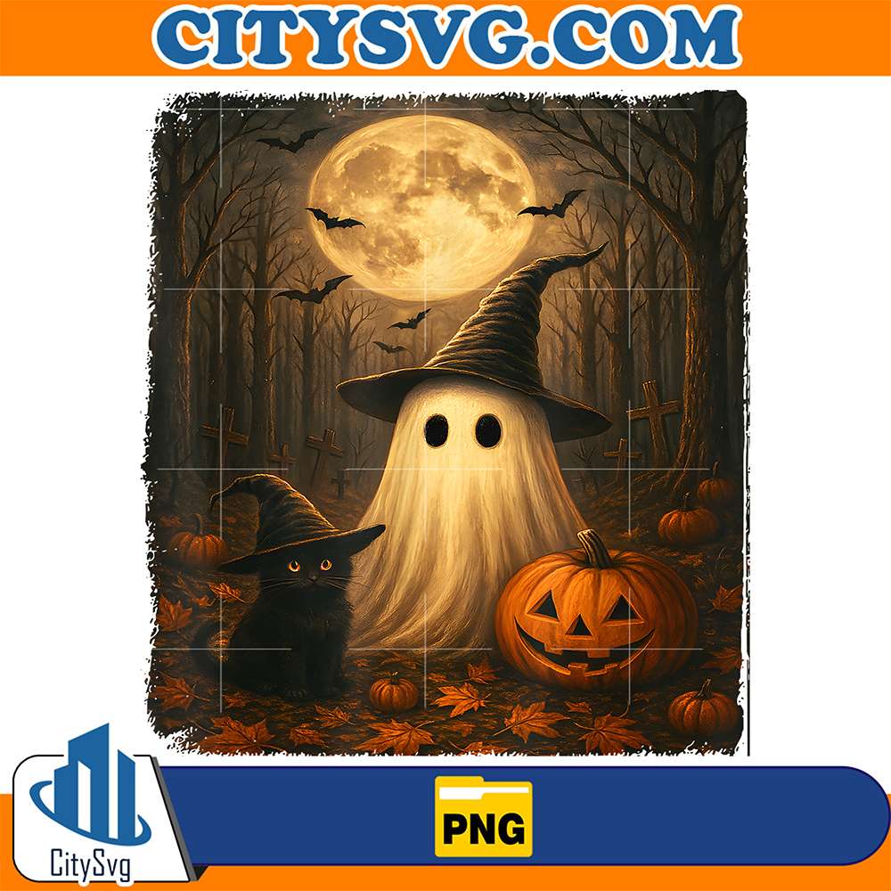 Cute-Ghost-Black-Cat-Halloween-Witch-Pumpkin-Dark-Forest-Png