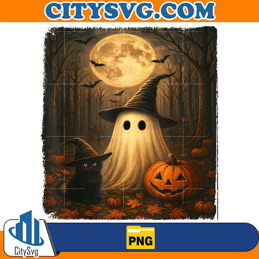 Cute-Ghost-Black-Cat-Halloween-Witch-Pumpkin-Dark-Forest-Png