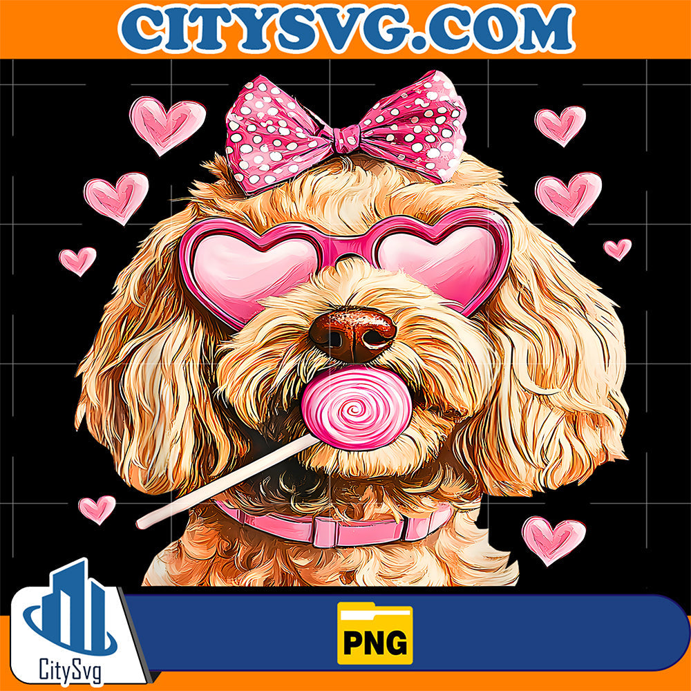 Cute Goldendoodle Wearing Glasses Heart Puppy Valentines Bow Png CitySvg