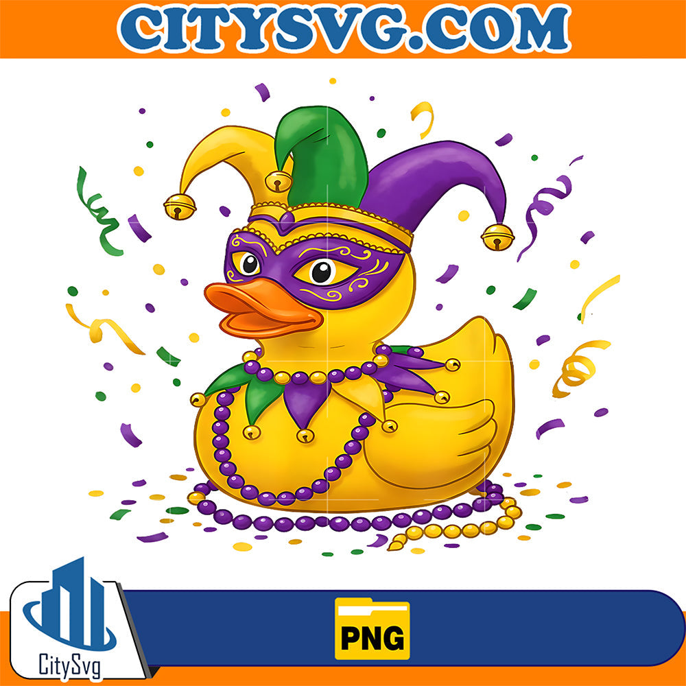 Cute-Mardi-Gras-Duck-Wearing-Jester-Crown-Beads-Festive-Carnival-Png