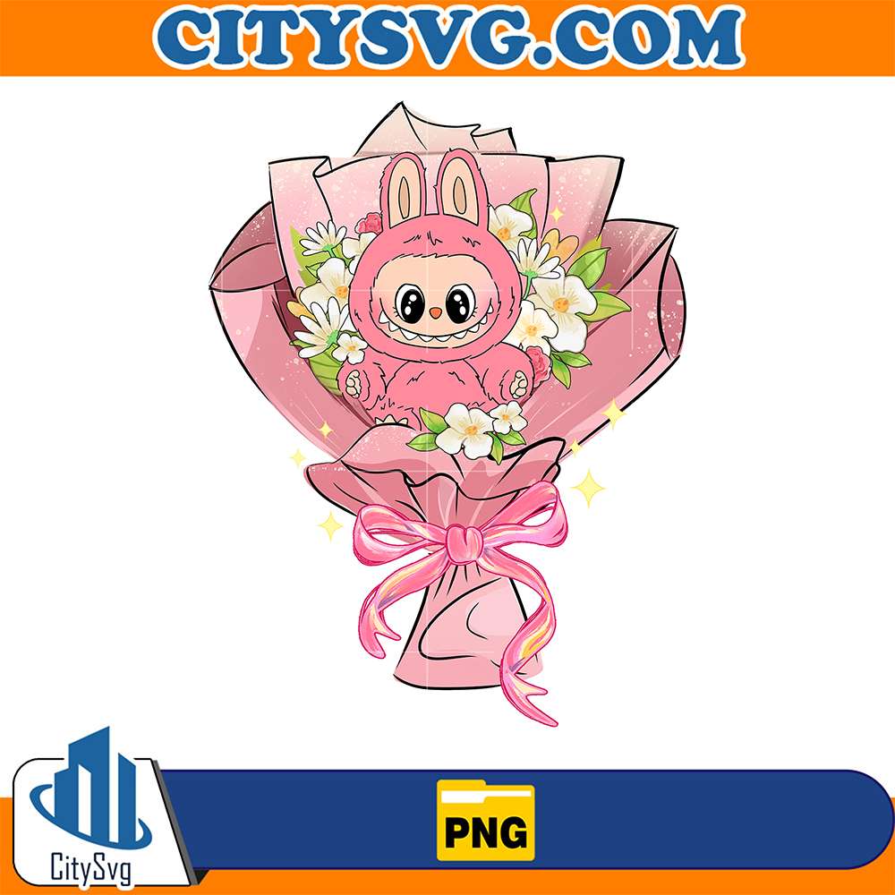 Cute-Pink-Labubu-Flower-Bouquet-Png