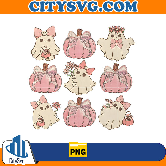 Cute Pumpkin Ghost Coquette Halloween Png