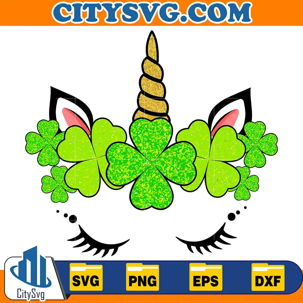 CuteUnicornFaceStPatricksDaysGirlsUnicornCloverSvg