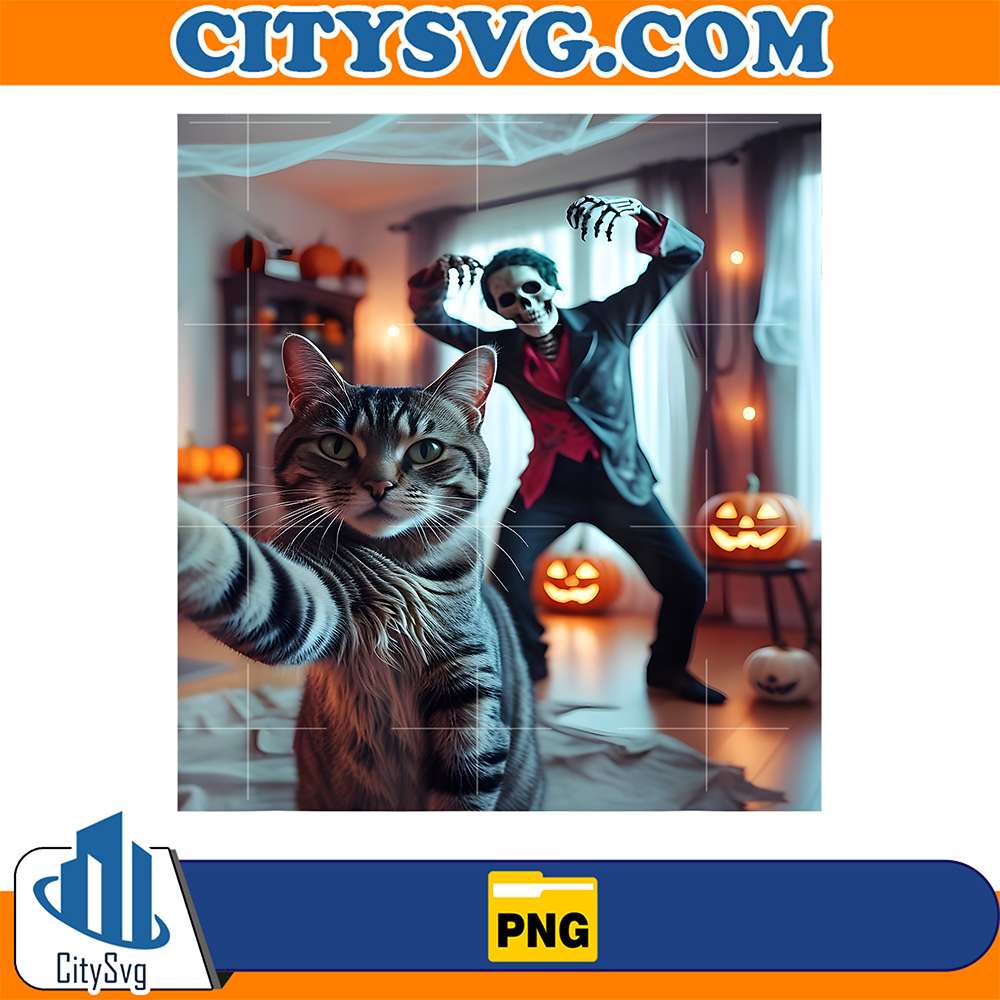 Funny-Cat-Selfie-With-Skeleton-Scary-Halloween-Meme-Png