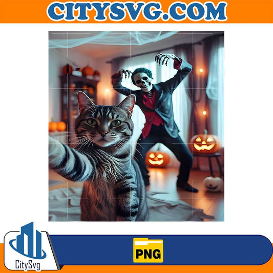 Funny-Cat-Selfie-With-Skeleton-Scary-Halloween-Meme-Png