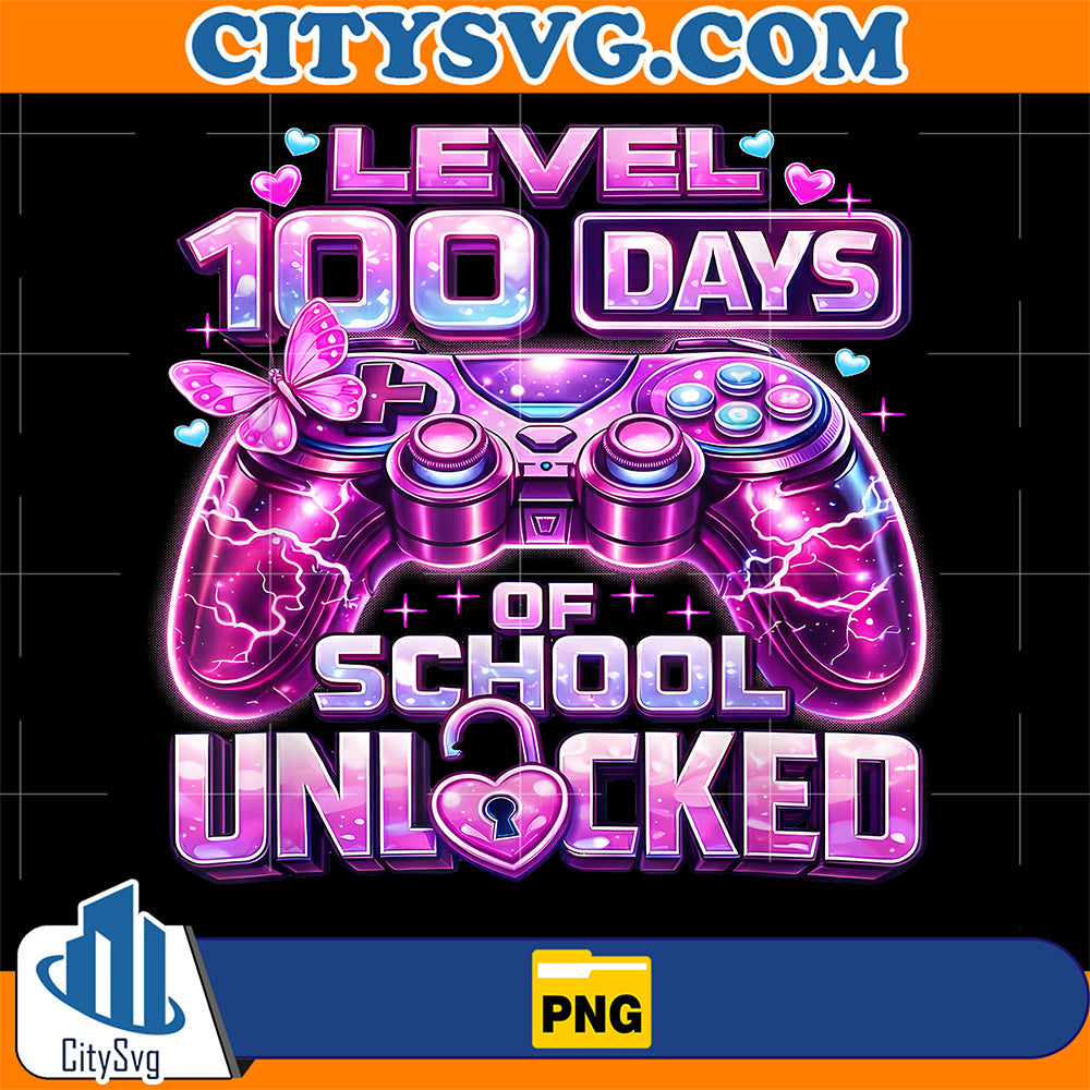 Girls-Gamer-Pink-Level-100-Days-of-School-Unlocked-100th-Day-Png