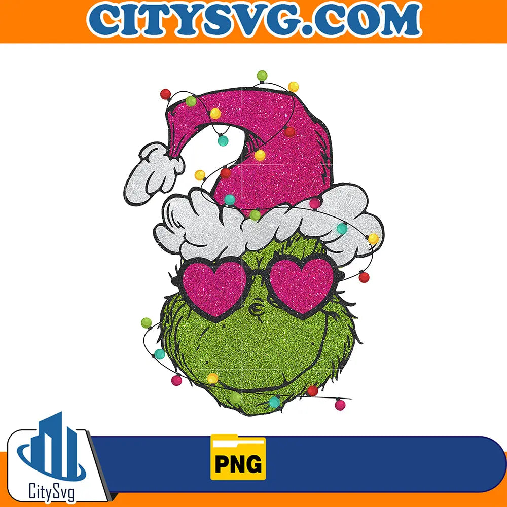 GlitterPinkGrinchChristmasLightsPng
