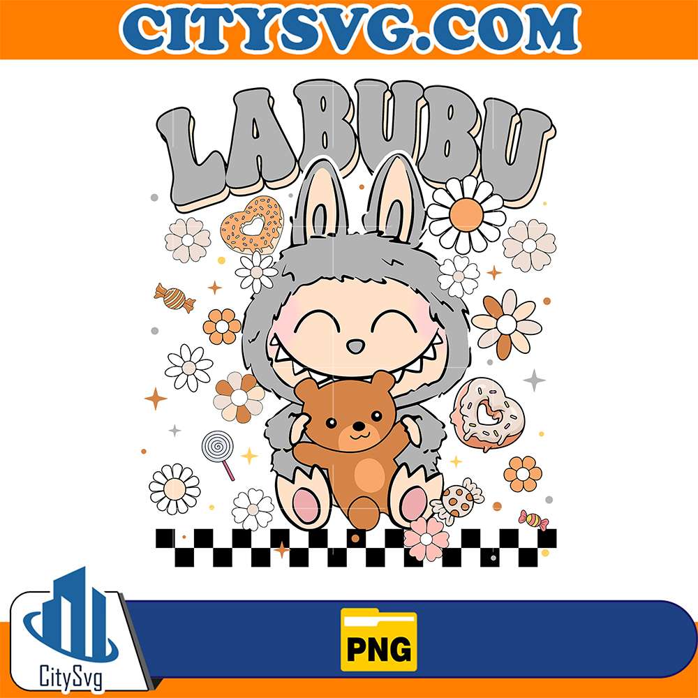 Gray-Labubu-Bunny-With-Teddy-Bear-And-Sweets-Png