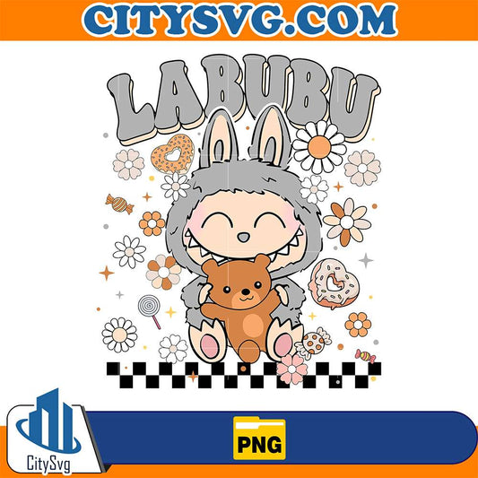 Gray-Labubu-Bunny-With-Teddy-Bear-And-Sweets-Png