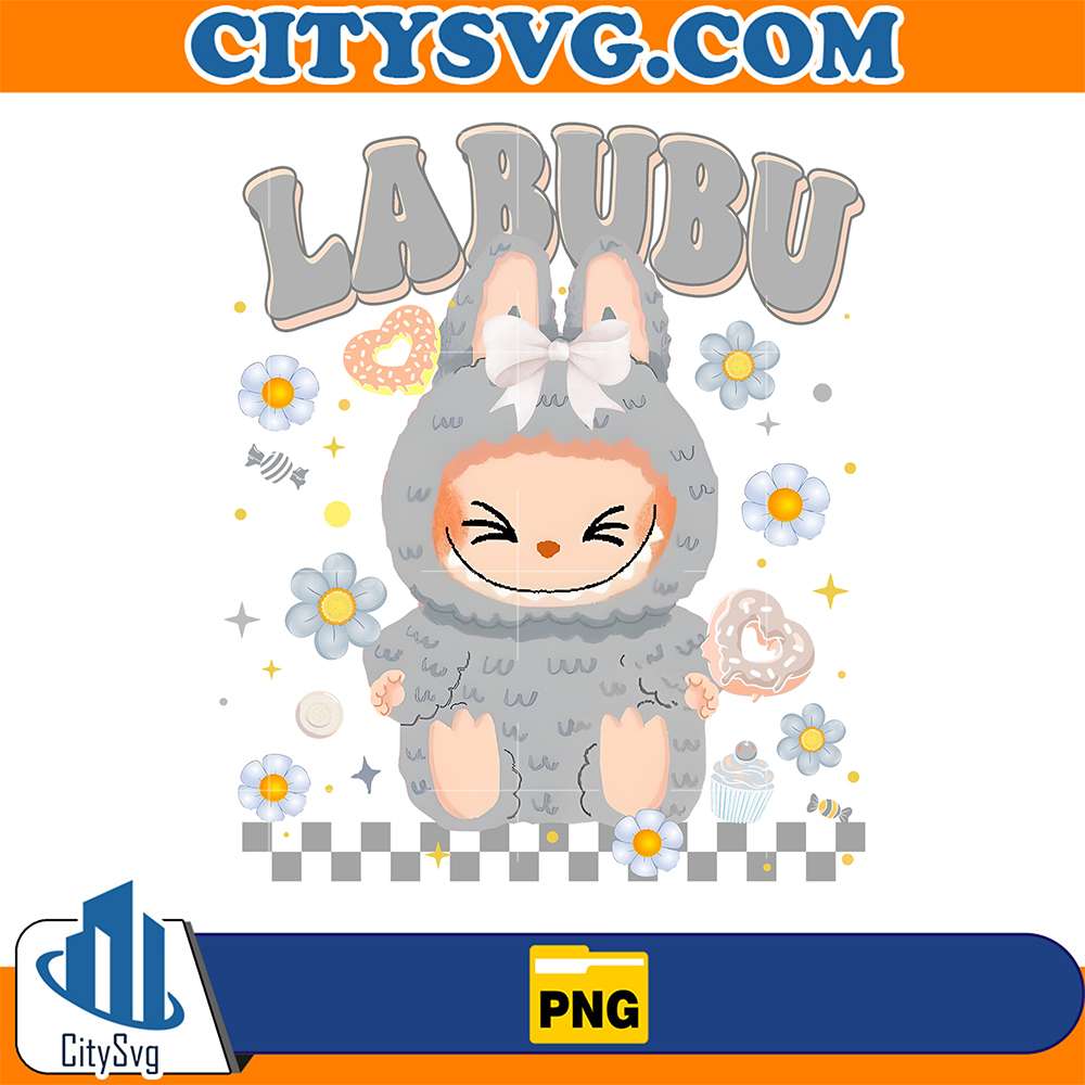 Grey-Labubu-Bow-Cute-Bunny-Character-With-Sweets-And-Flowers-Png
