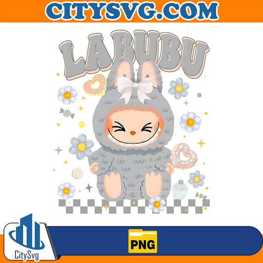 Grey-Labubu-Bow-Cute-Bunny-Character-With-Sweets-And-Flowers-Png
