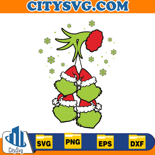 Grinch Hand Holding Four Grinch Face Svg