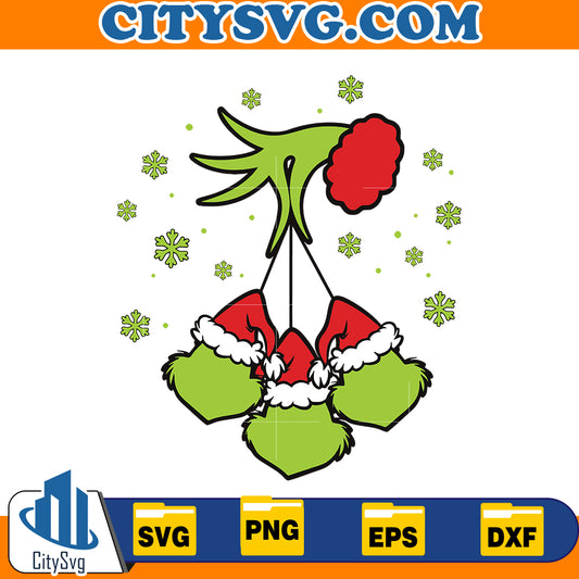 Grinch Hand Holding Three Grinch Face Svg