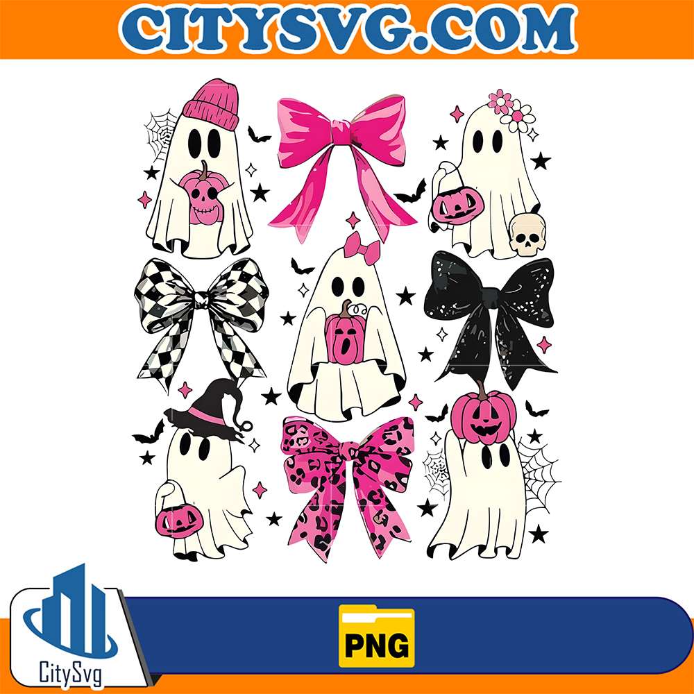 Halloween-Ghosts-With-Pink-Pumpkins-And-Bows-Png