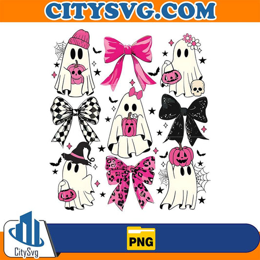Halloween-Ghosts-With-Pink-Pumpkins-And-Bows-Png