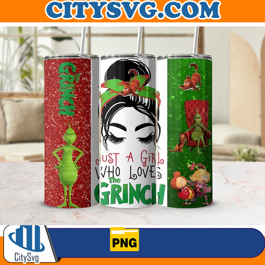 JustAGirlWhoLovesTheGrinch20ozSkinnyTumblerWrapPng