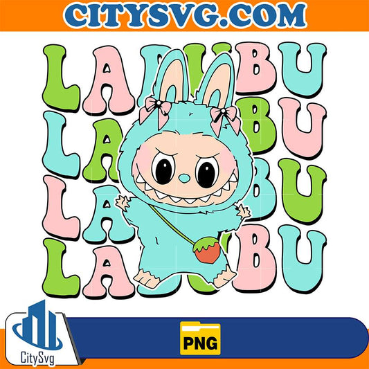 Kawaii-Blue-Labubu-With-Strawberry-Bag-And-Bows-Png