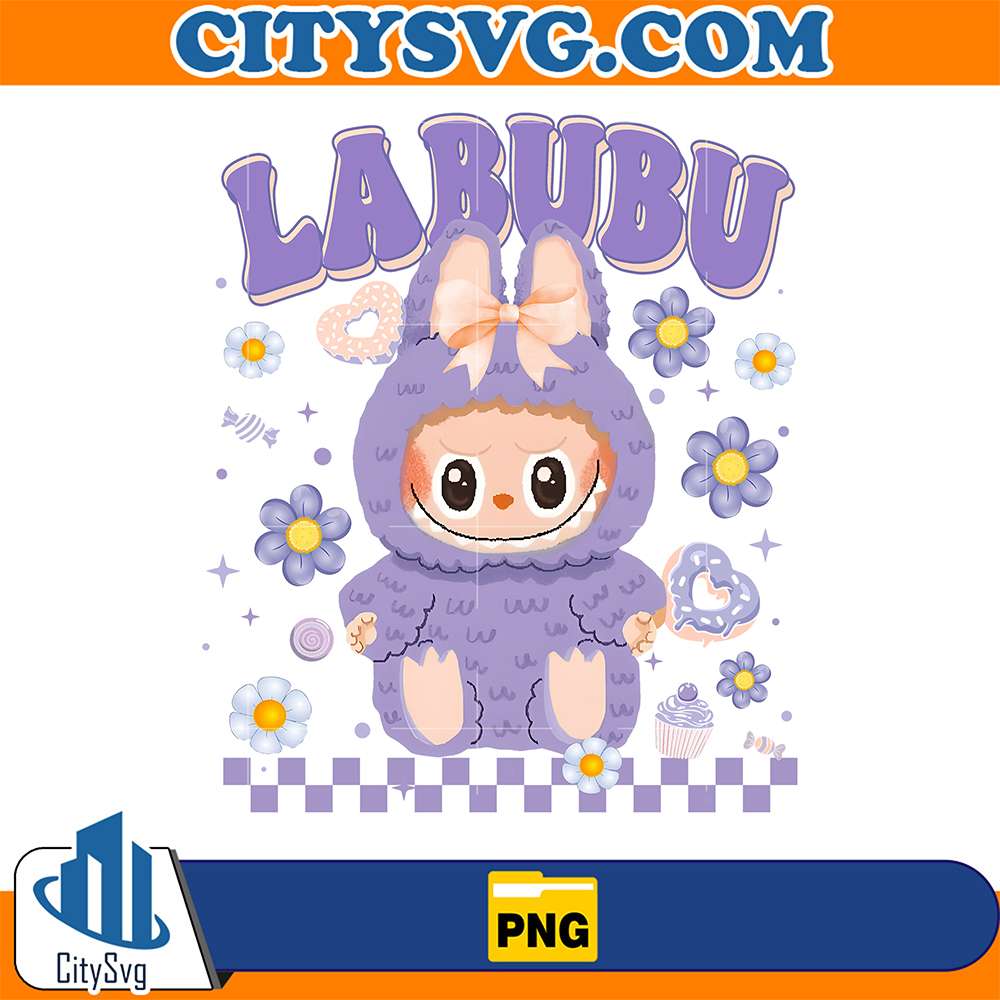 Kawaii-Purple-Labubu-Bow-Cute-Bunny-Monster-With-Flowers-And-Sweets-Png