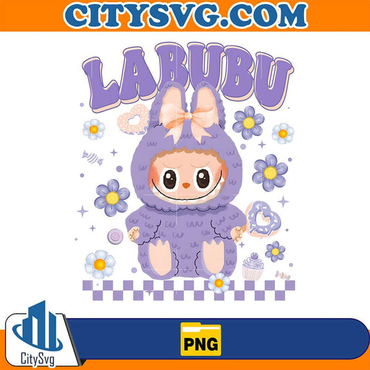 Kawaii-Purple-Labubu-Bow-Cute-Bunny-Monster-With-Flowers-And-Sweets-Png