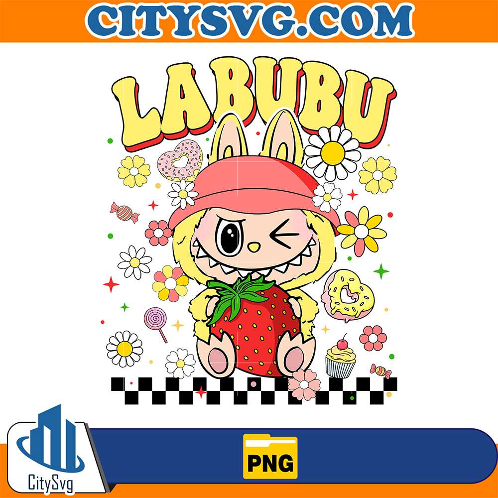 Kawaii-Yellow-Labubu-Strawberry-Cute-Bunny-Monster-With-Flowers-Png