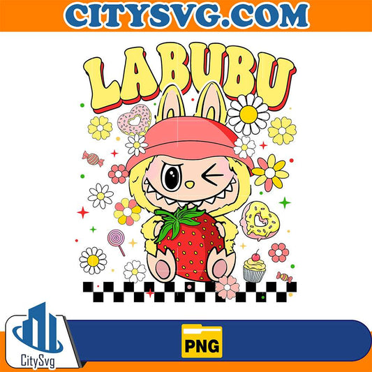 Kawaii-Yellow-Labubu-Strawberry-Cute-Bunny-Monster-With-Flowers-Png